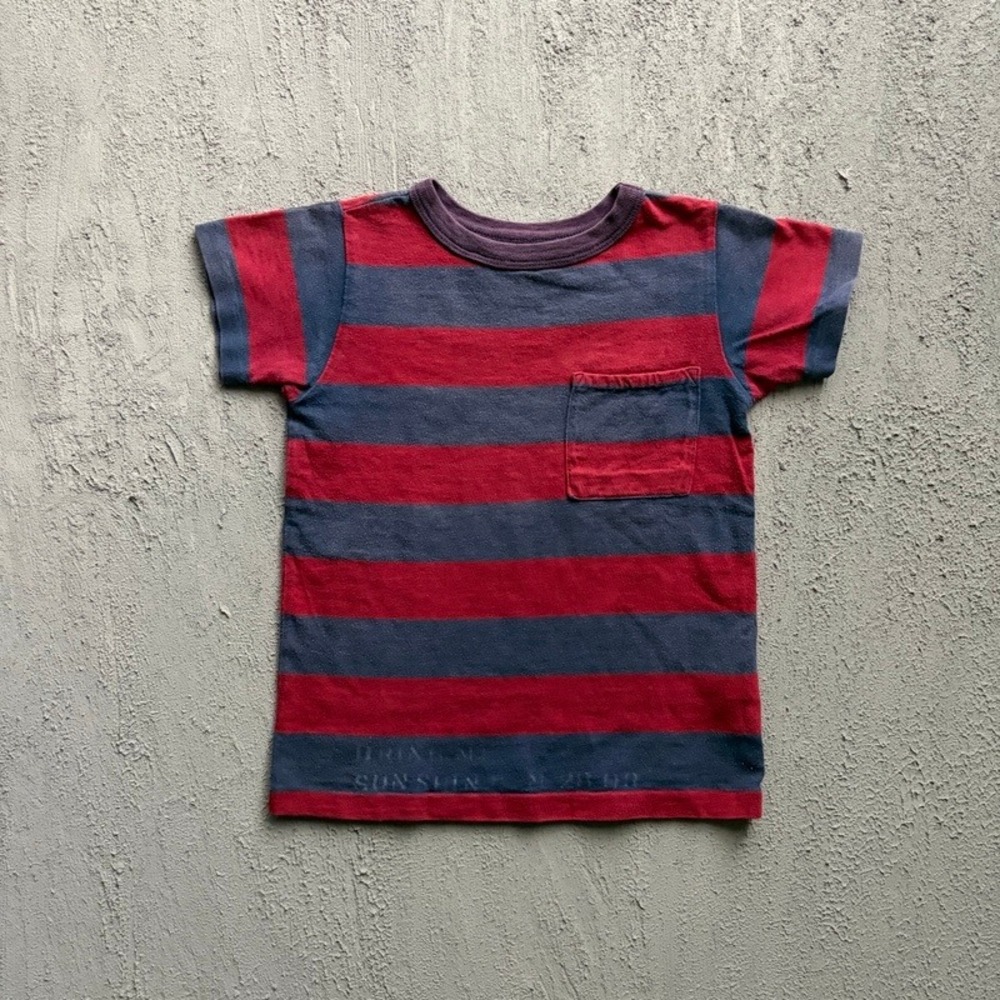 Denim Dungaree T Shirt Medium 120CM Blue Striped Pocket Tee Japan Baby Tee